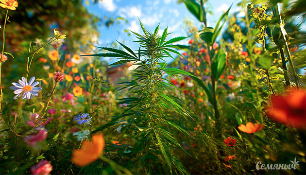 Скрытый аутдорный гров каннабиса среди садовых растений